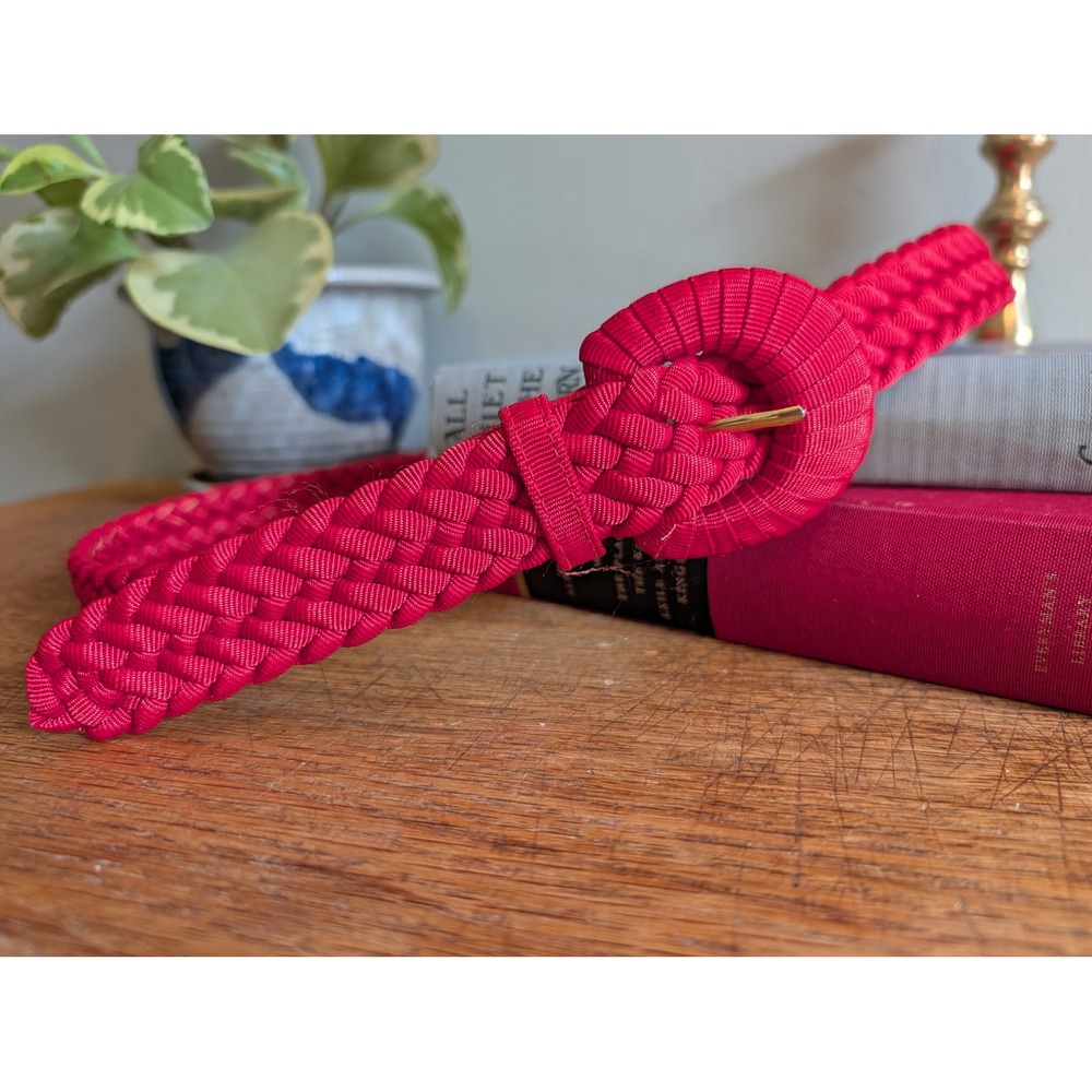 Vintage Red Braided Woven Cord Belt Gold Tone Buckle Adjustable Boho Retro